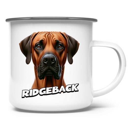 Emaille Tasse Ridgeback Kopf mit Schriftzug