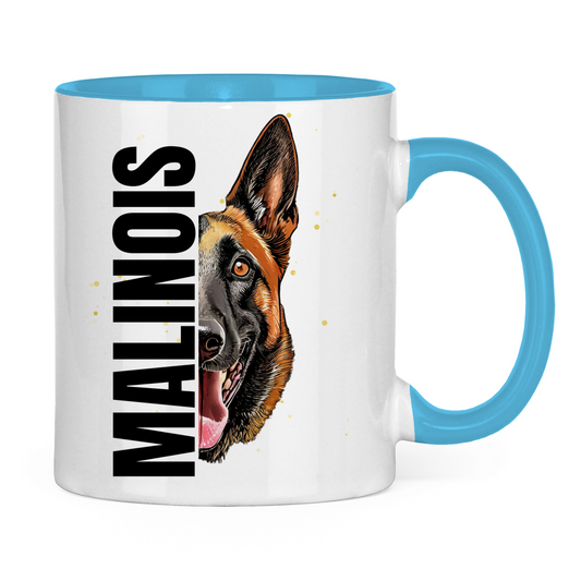 Tasse zweifarbig Malinois Kopf und Schrift black