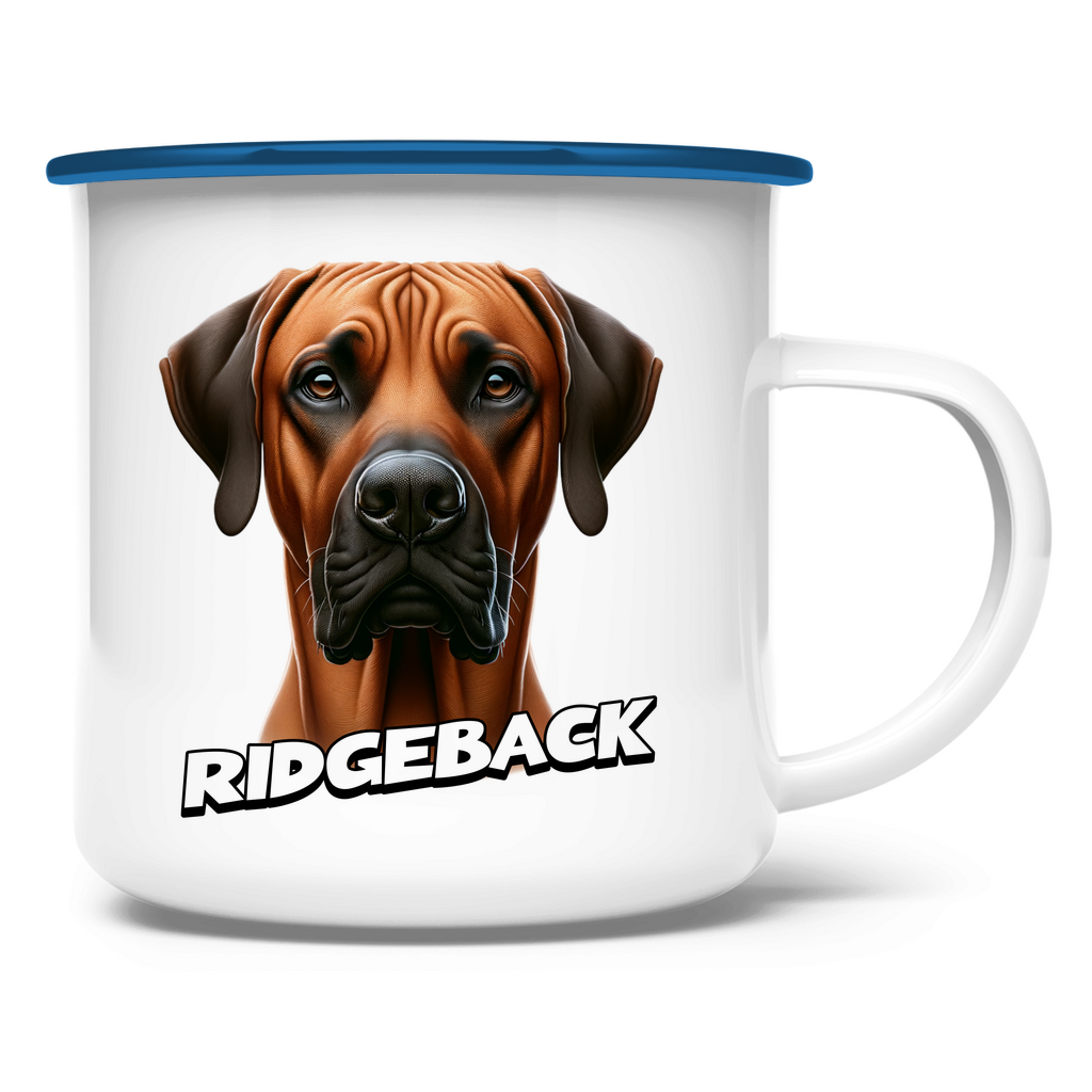 Emaille Tasse Ridgeback Kopf mit Schriftzug
