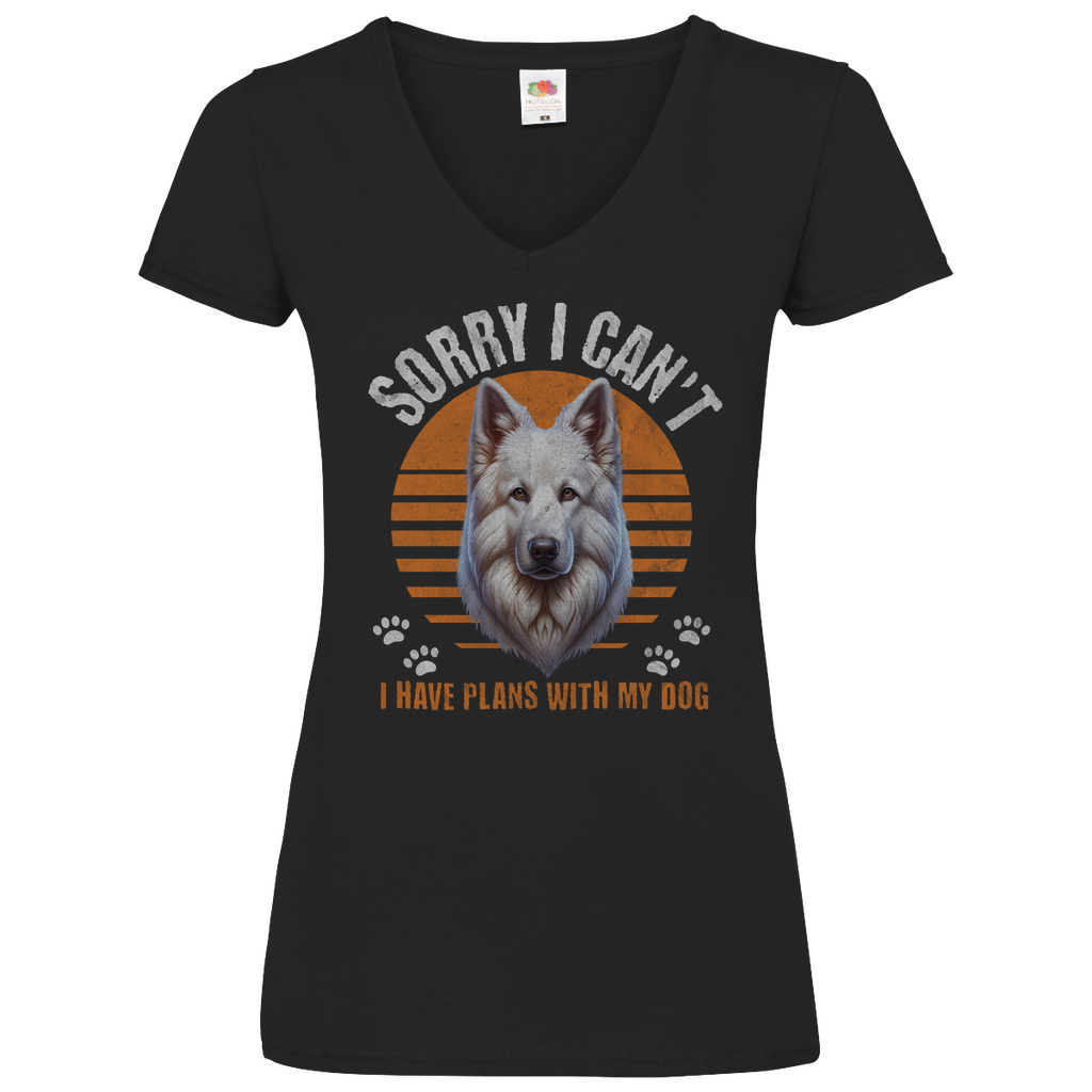 Damen Basic V-Neck T-Shirt Weißer Schäferhund "Sorry, I can't"
