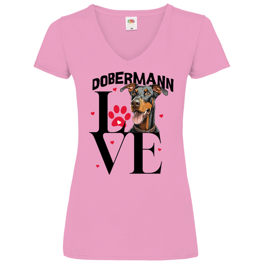 Damen Basic V-Neck T-Shirt Dobermann Love