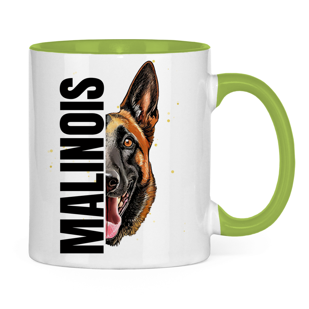 Tasse zweifarbig Malinois Kopf und Schrift black