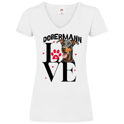 Damen Basic V-Neck T-Shirt Dobermann Love