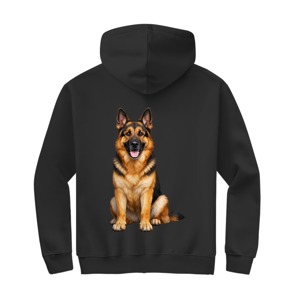 Kapuzenjacke mit Deutscher Schäferhund – Rückendruck. Eigener Text möglich.