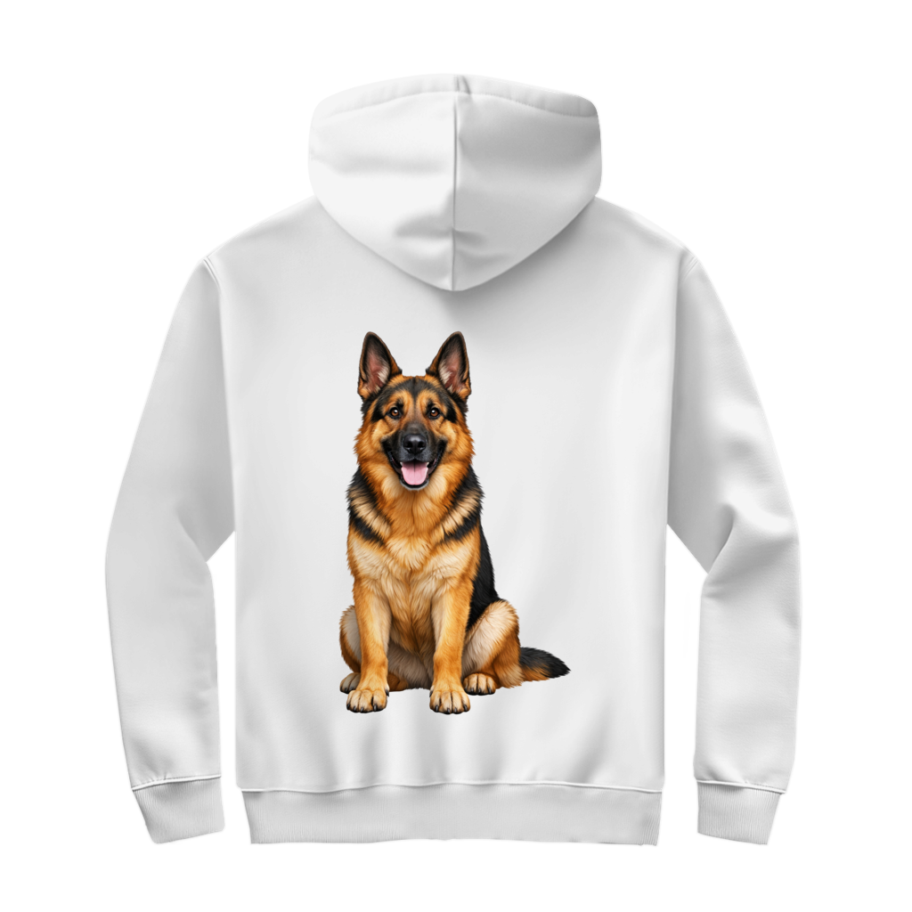 Kapuzenjacke mit Deutscher Schäferhund – Rückendruck. Eigener Text möglich.