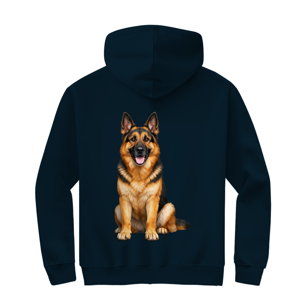 Kapuzenjacke mit Deutscher Schäferhund – Rückendruck. Eigener Text möglich.