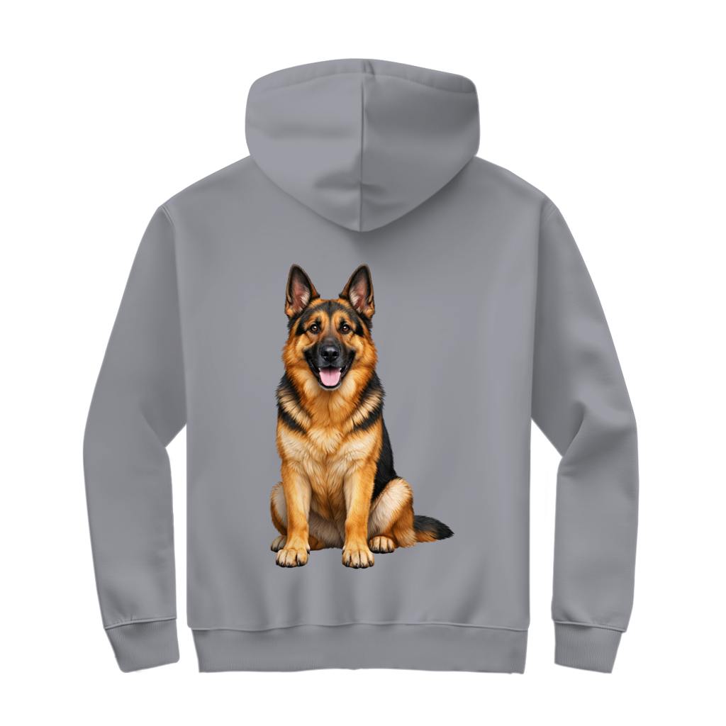 Kapuzenjacke mit Deutscher Schäferhund – Rückendruck. Eigener Text möglich.
