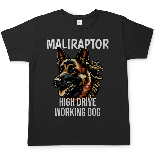 T-Shirt mit Schriftzug: Maliraptor, High Drive Working Dog und Malinois Kopf mit einem Reptil. Farbe Black.
