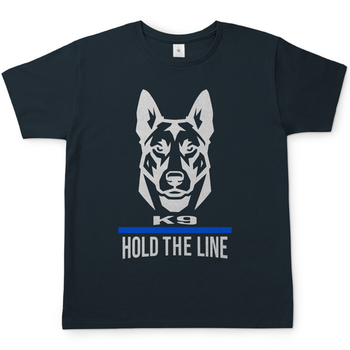 Herren T-Shirt mit Malinois Kopf und K9 hold the Line, thin blue Line Schriftzug in der Farbe Dark Grey Solid.