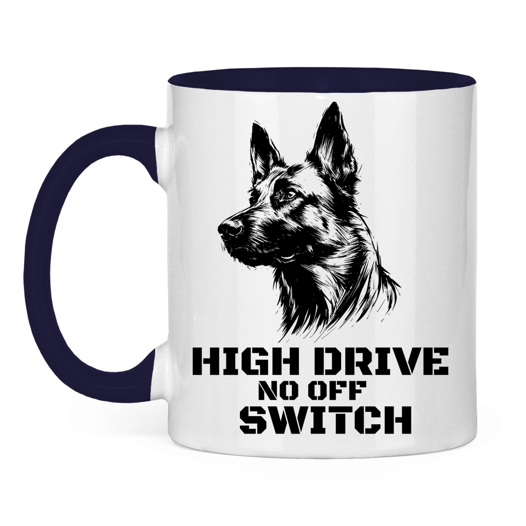 Tasse mit Malinoiskopf und Hundgerecht365 Logo - Navy
