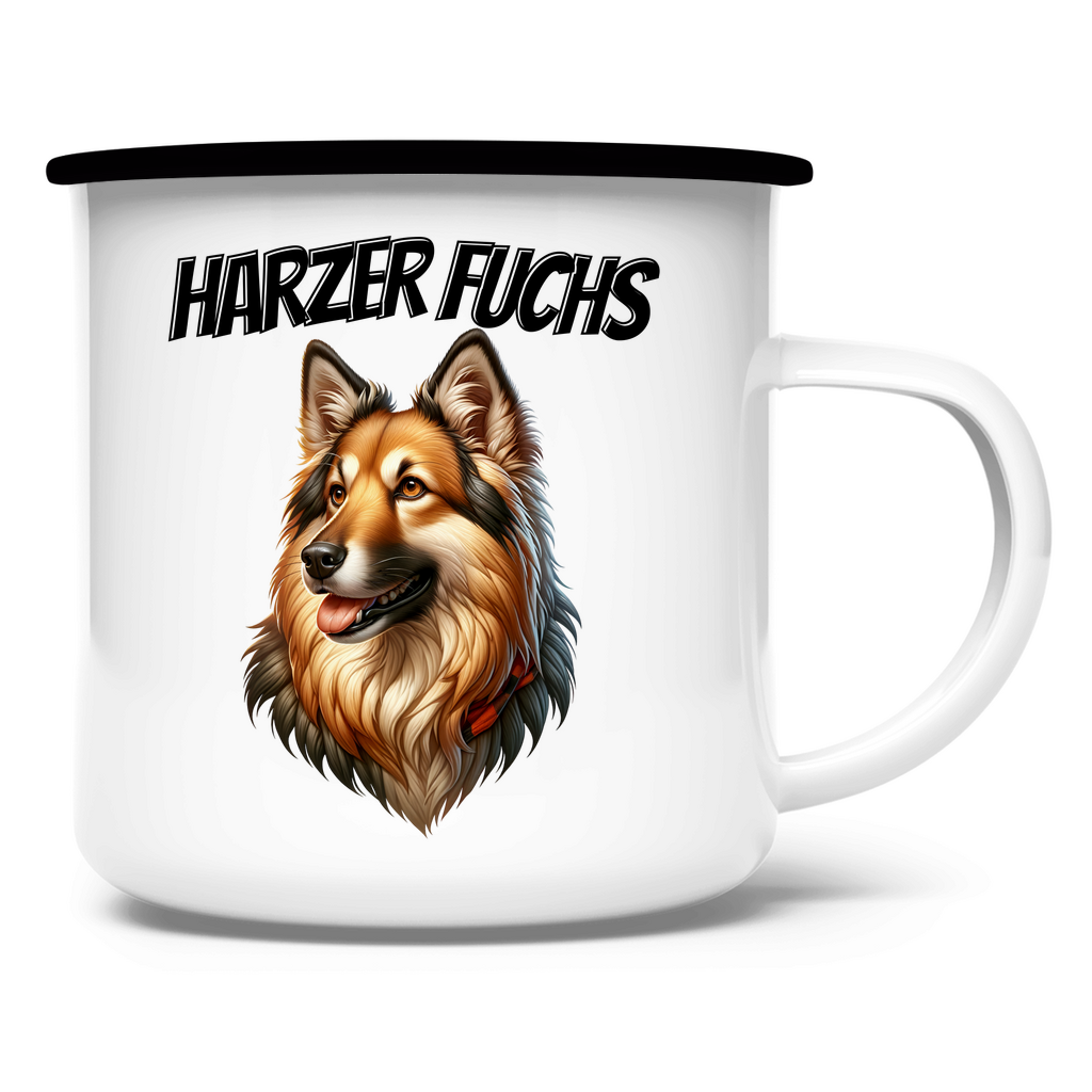 Emaille Tasse Harzer Fuchs Schriftzug und Kopf