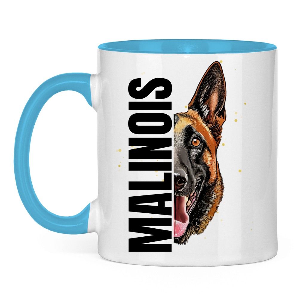 Tasse zweifarbig Malinois Kopf und Schrift black