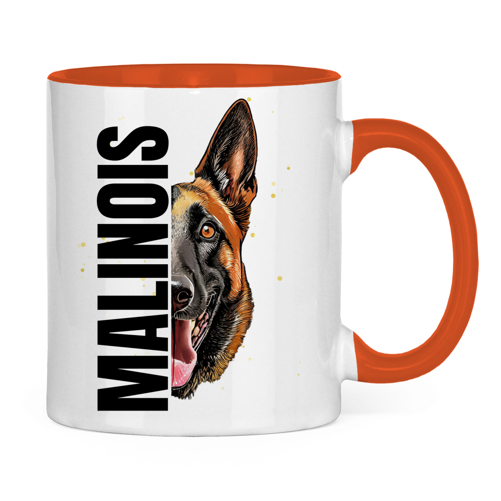 Tasse zweifarbig Malinois Kopf und Schrift black