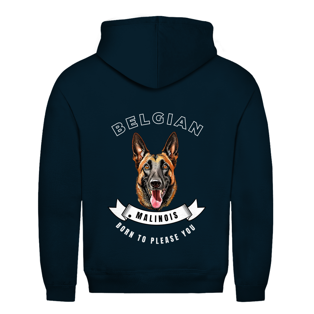 Unisex Hoodie mit Malinois Motiv und Schriftzug Born to please you – großer Rückendruck für Hundefans