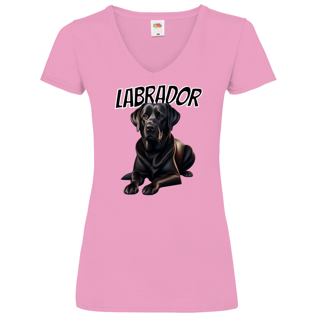 Damen Basic V-Neck T-Shirt liegender Labrador