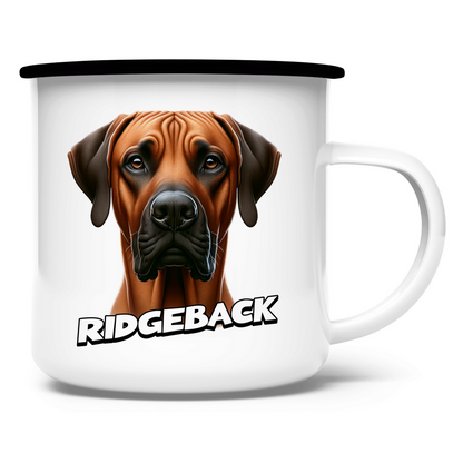 Emaille Tasse Ridgeback Kopf mit Schriftzug