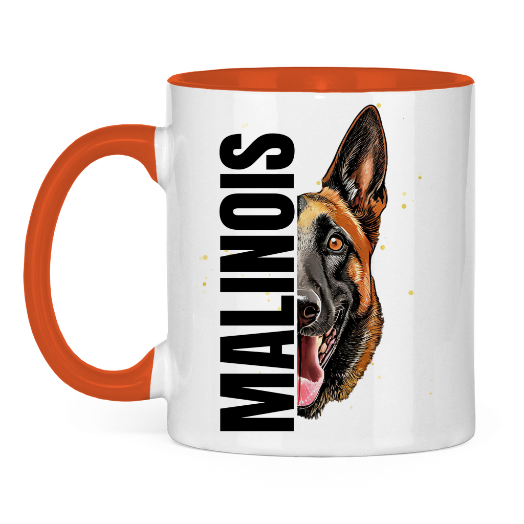 Tasse zweifarbig Malinois Kopf und Schrift black