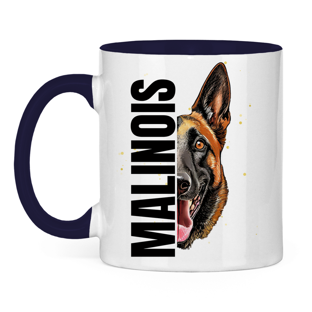 Tasse zweifarbig Malinois Kopf und Schrift black