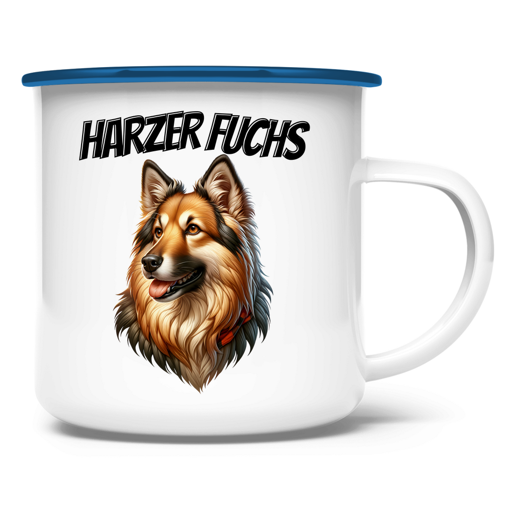 Emaille Tasse Harzer Fuchs Schriftzug und Kopf