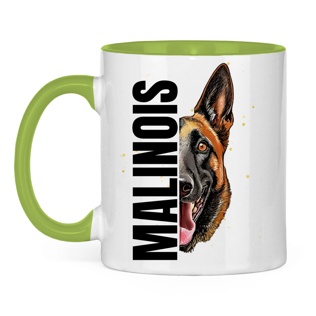 Tasse zweifarbig Malinois Kopf und Schrift black