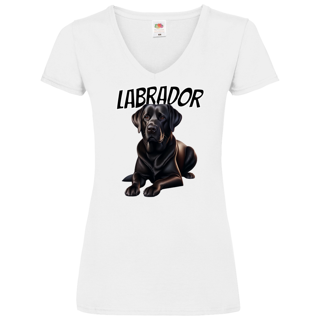 Damen Basic V-Neck T-Shirt liegender Labrador