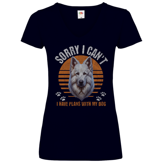 Damen Basic V-Neck T-Shirt Weißer Schäferhund "Sorry, I can't"