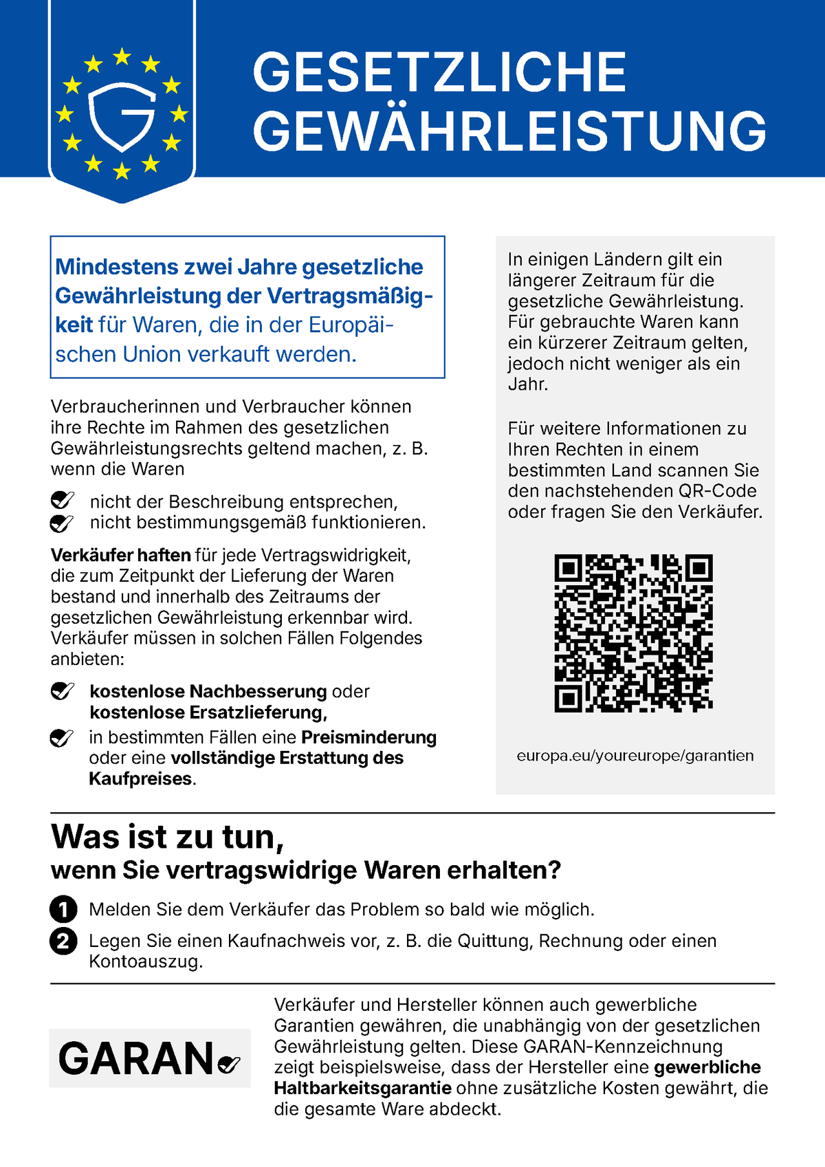 EU Gewährleistungslabel mit allen Angaben und QR Code.