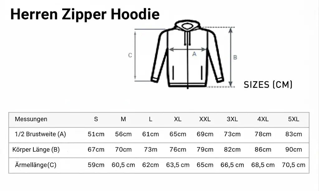 Größentabelle für Kapuzenjacke
